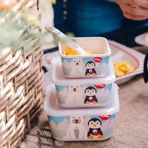 Primo Passi - 3 unidades de recipientes de comida infantil de fibra de bambu para amigos de inverno, pinguim/polar