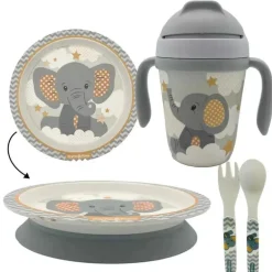 Primo Passi - Conjunto infantil de bambu com ventosa e copo, pequeno elefante