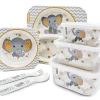 Primo Passi - Super Combo Infantil Fibra de Bambu - Prato Quadrado Dividido, Tigela Quadrada, Garfo e Colher e 3 Recipientes Com Tampas - Pequeno Elefante