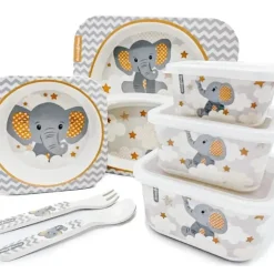 Primo Passi - Super Combo Infantil Fibra de Bambu - Prato Quadrado Dividido, Tigela Quadrada, Garfo e Colher e 3 Recipientes Com Tampas - Pequeno Elefante