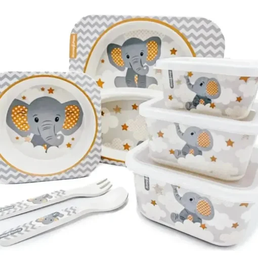 Primo Passi - Super Combo Infantil Fibra de Bambu - Prato Quadrado Dividido, Tigela Quadrada, Garfo e Colher e 3 Recipientes Com Tampas - Pequeno Elefante