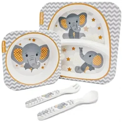 Primo Passi - Super Combo Infantil Fibra de Bambu - Prato Quadrado Dividido, Tigela Quadrada, Garfo e Colher e 3 Recipientes Com Tampas - Pequeno Elefante