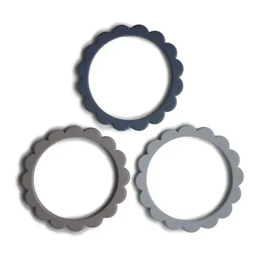 Pulseira de mordedor de flores de silicone Mushie bebê pacote 3 aço/pomba cinza/pedra