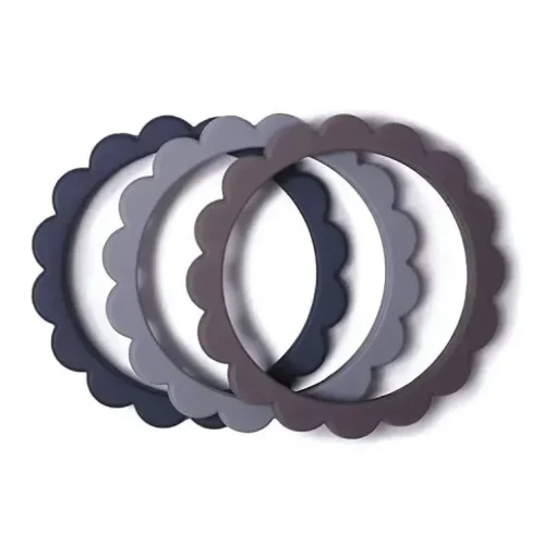 Pulseira de mordedor de flores de silicone Mushie bebê pacote 3 aço/pomba cinza/pedra