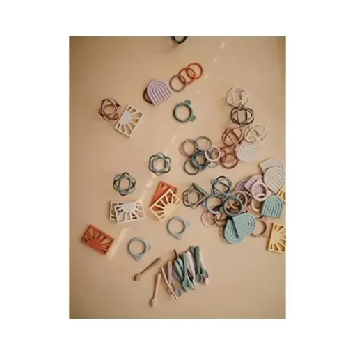Pulseira de mordedor de flores de silicone Mushie bebê pacote 3 aço/pomba cinza/pedra
