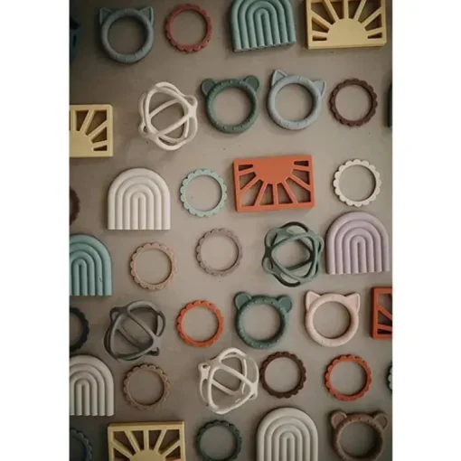 Pulseira de mordedor de flores de silicone Mushie bebê pacote 3 aço/pomba cinza/pedra