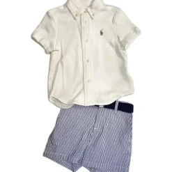 Ralph Lauren - Camisa esportiva de malha interlock de manga curta com conjunto curto Seersucker 12M, branco