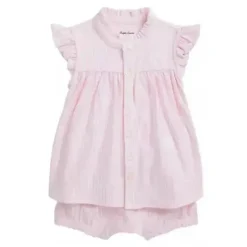 Ralph Lauren Baby – 2 unidades de blusa de malha Oxford de manga curta com Bloomer, rosa Carmel