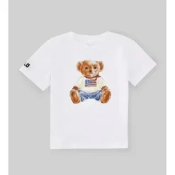 Ralph Lauren Baby - Camiseta de malha de algodão de manga curta com estampa de urso, branca