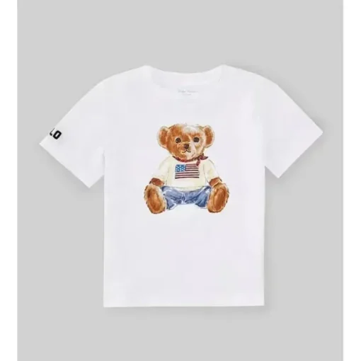Ralph Lauren Baby - Camiseta de malha de algodão de manga curta com estampa de urso, branca