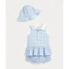 Ralph Lauren Baby - 2Pk Sleeveless Interlock Knit Gingham Ruffle Polo Shortall With Hat