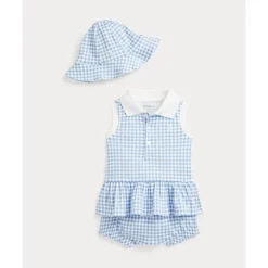 Ralph Lauren Baby - 2Pk Sleeveless Interlock Knit Gingham Ruffle Polo Shortall With Hat