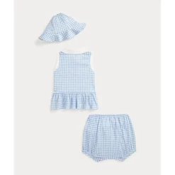 Ralph Lauren Baby - 2Pk Sleeveless Interlock Knit Gingham Ruffle Polo Shortall With Hat