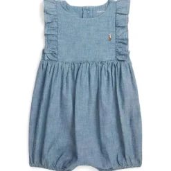 Ralph Lauren Baby - Shortall sem mangas com babados em cambraia, jeans claro