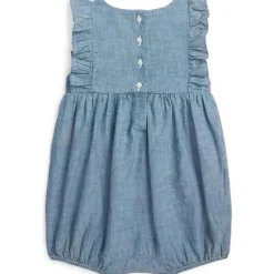 Ralph Lauren Baby - Shortall sem mangas com babados em cambraia, jeans claro