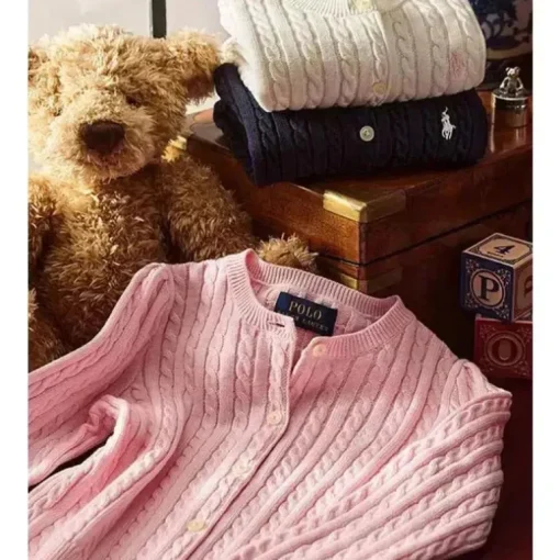 Ralph Lauren Baby – Suéter Cardigan de malha de caxemira de manga comprida rosa