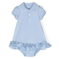 Ralph Lauren Baby - Vestido polo de manga curta em malha interlock com babados e cupcake, azul