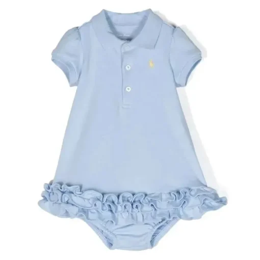 Ralph Lauren Baby - Vestido polo de manga curta em malha interlock com babados e cupcake, azul
