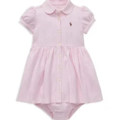 Ralph Lauren Baby - Vestido Oxford de tricô listrado e Bloomer, rosa camelo