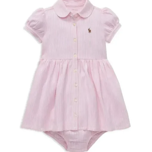 Ralph Lauren Baby - Vestido Oxford de tricô listrado e Bloomer, rosa camelo