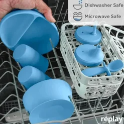 Re Play - Copo com canudinho de silicone sustentável de 8 onças para crianças, jeans