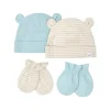 Recém Nascido - Conjunto de 4 unidades de bonés e luvas para bebê menino, azul e listrado