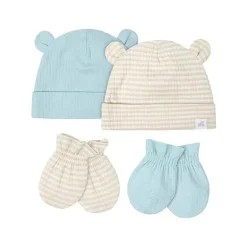 Recém Nascido - Conjunto de 4 unidades de bonés e luvas para bebê menino, azul e listrado
