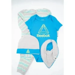Reebok Enxoval Macacão/Creeper/Chapéu/ Babete 4 Peças Conjunto Danúbio Azul 6/9M