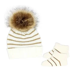 Rose Textile - Conjunto de chapéu e botinha listrados em lurex dourado Baby Blish