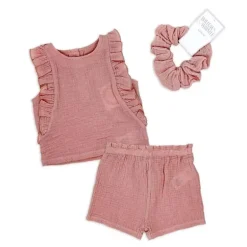 Rose Textile - Conjunto de 3 peças de história curta rosa Tod Gauze para meninas