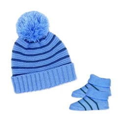 Rose Textile - Conjunto de chapéu de bebê e botinha listrada azul marinho