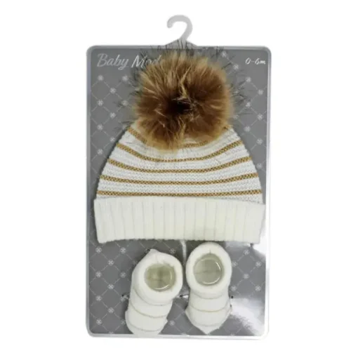 Rose Textile - Conjunto de chapéu e botinha listrados em lurex dourado Baby Blish