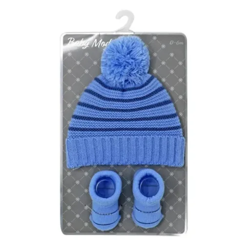 Rose Textile - Conjunto de chapéu de bebê e botinha listrada azul marinho