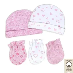 Rose Textiles - 100% Algodão Orgânico Pacote com 5 - Conjunto de Chapéu e Luva, Coração Rosa