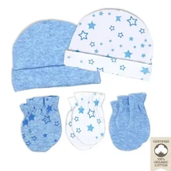 Rose Textiles - 100% Algodão Orgânico Pacote com 5 - Conjunto de Chapéu e Luva, Estrela Azul