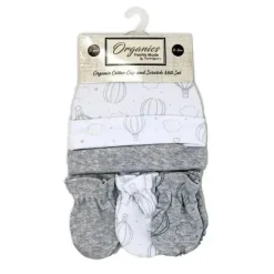 Rose Textiles - 100% Algodão Orgânico Pacote com 5 - Conjunto de Chapéu e Luva, Balão de Ar Quente Cinza