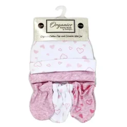 Rose Textiles - 100% Algodão Orgânico Pacote com 5 - Conjunto de Chapéu e Luva, Coração Rosa