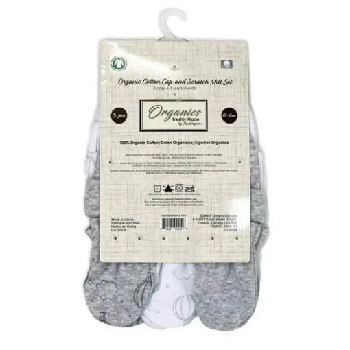 Rose Textiles - 100% Algodão Orgânico Pacote com 5 - Conjunto de Chapéu e Luva, Balão de Ar Quente Cinza