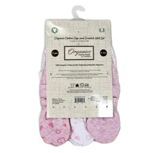 Rose Textiles - 100% Algodão Orgânico Pacote com 5 - Conjunto de Chapéu e Luva, Coração Rosa