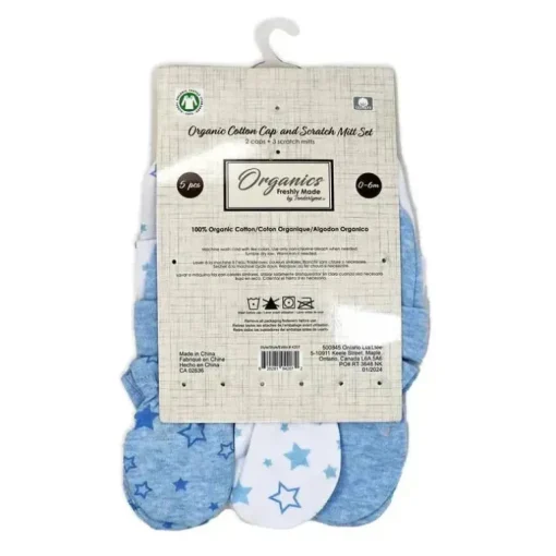 Rose Textiles - 100% Algodão Orgânico Pacote com 5 - Conjunto de Chapéu e Luva, Estrela Azul
