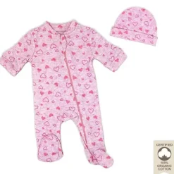 Rose Textiles - 100% Orgânico Heather Heart Sleeper + Chapéu, Rosa