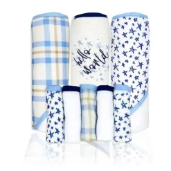 Rose Textiles - 3 Toalhas com Capuz com 5 Toalhas de Rosto, Azul Marinho Hello World