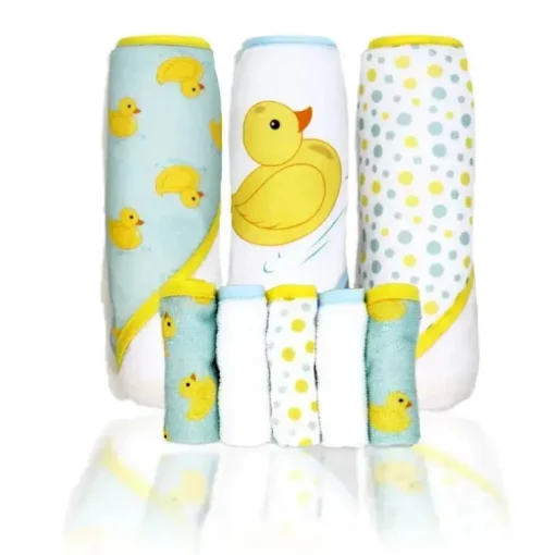 Rose Textiles - 3 toalhas com capuz com 5 toalhas de rosto, Aqua Duckies