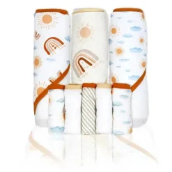 Rose Textiles - 3 toalhas com capuz com 5 toalhas de rosto, arco-íris de pêssego