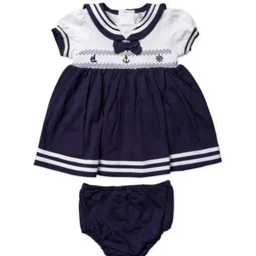 Rose Textiles - Baby Girls Dress Set, Navy Nautical