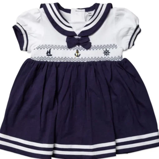 Rose Textiles - Baby Girls Dress Set, Navy Nautical