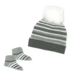 Rose Textiles - Conjunto de gorro e botinha listrado cinza bebê