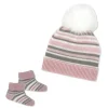 Rose Textiles - Conjunto de gorro e botinha listrado rosa para bebê menina