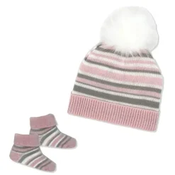 Rose Textiles - Conjunto de gorro e botinha listrado rosa para bebê menina