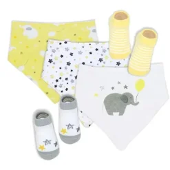Rose Textiles - Conjunto de 5 babadores e meias, elefante amarelo